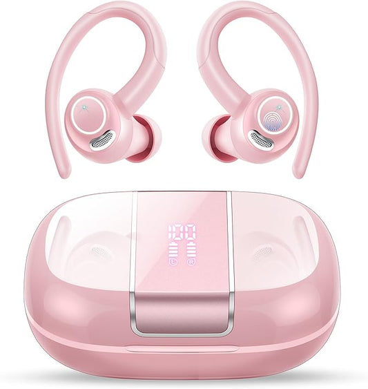 Wireless Earbuds Bluetooth 5.3 Headphones Sports, 48H Over Ear Buds with ENC Mic, Stereo Deep Bass Bluetooth Earbuds with Secure Earhooks, LED Display, IPX7 Waterproof Earphone for Running/Gym Rose