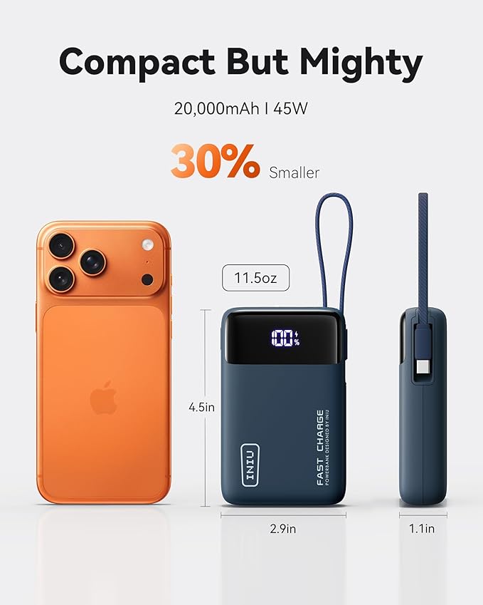 INIU Portable Charger, Small 20000mAh Power Bank with Build in USB-C Cable, 45W Fast Charging Mini Battery Pack, Flight Travel Essentials Phone Charger for College Student Travelers Boys Girls, Blue
