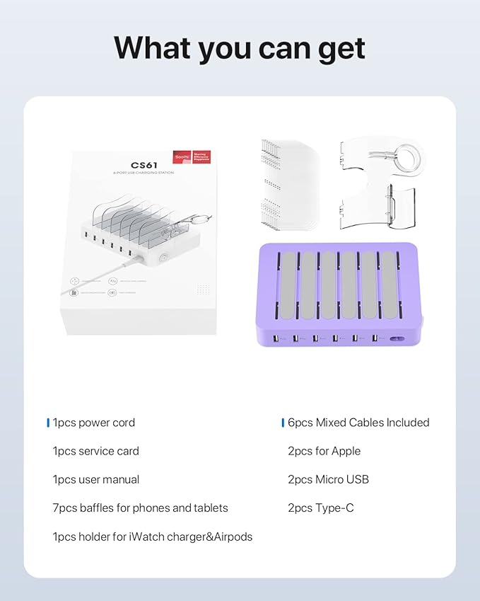 SooPii Premium 6-Port USB Charging Station Organizer for Multiple Devices, 6 Short Charging Cables and One Upgraded i-Watch Charger Holder Included, for Phones,Tablets and Other Electronics, Purple