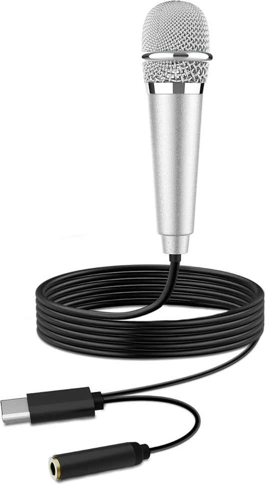 USB C Mini Karaoke Microphone for Android Phone, Laptop, Tablets Small ASMR Microphone for Voice Video Recording Singing, Vlogging, Podcasting YouTube (1 PCS Silver)