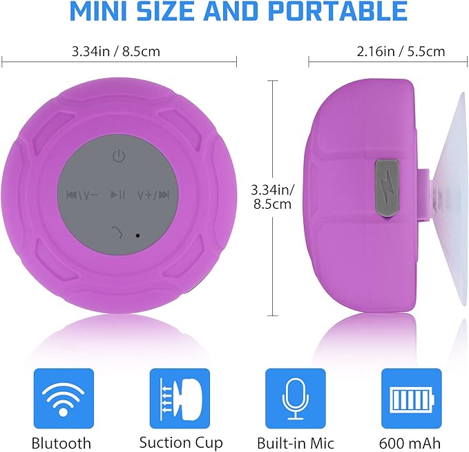 Bluetooth Shower Speaker Waterproof Portable Wireless Water-Resistant Speaker Suction Cup,Built-in Mic Speakerphone for iPhone Phone Tablet Bathroom Kitchen - Purple