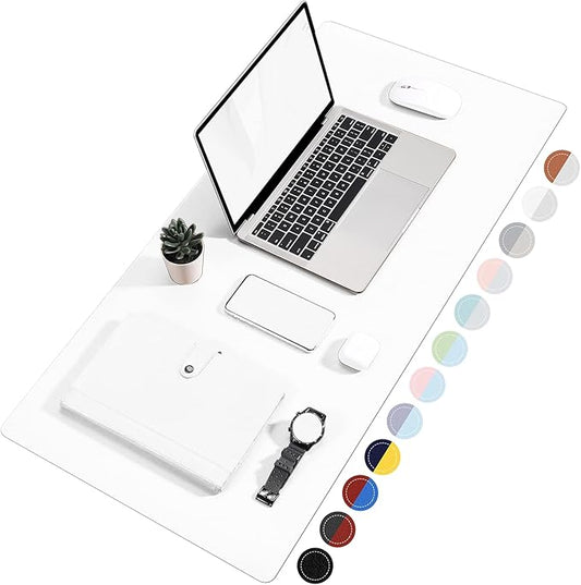 TOWWI Dual Sided Desk Pad, Large Desk Mat, Waterproof Desk Blotter Protector Mouse Pad, Leather Desk Pad Large for Keyboard and Mouse (24" x 14", White/Silver)