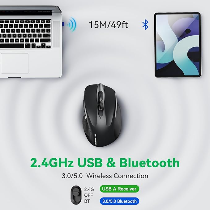 TechRise Bluetooth Mouse (BT5.0/3.0 & 2.4G) Rechargeable Wireless Mouse, 4800 DPI Optical Tracking, 6 Adjustable DPI, 2.4GHz with USB A Receiver, Quiet Clicks, Ergonomic Grips, 6 Buttons - Black