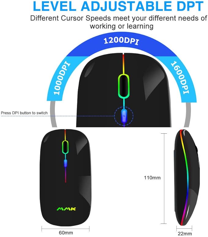 Wireless Bluetooth Mouse for Laptop, Rechargeable Mouse 2.4G USB Optical Wireless Mouse, LED Slim Dual Mode(Bluetooth 5.0 and 2.4G) Wireless for Laptop, PC, Mac OS, Android, Windows (Black)