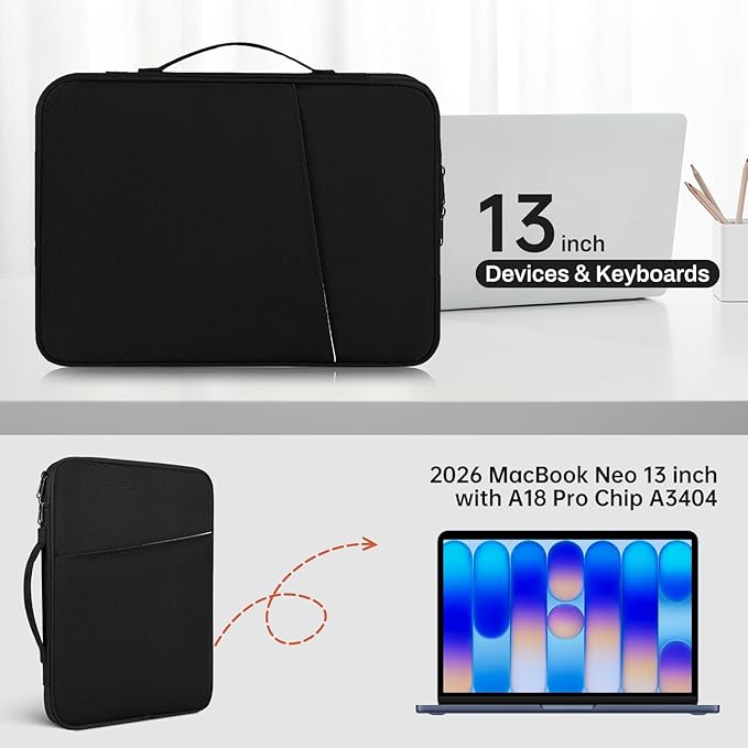 13 Inch Laptop Sleeve Bag Compatible with Apple 2026 MacBook Neo 13-inch Laptop with A18 Pro chip A3404, MacBook Neo 13 Protective Carrying Case with Handle Pocket - Black