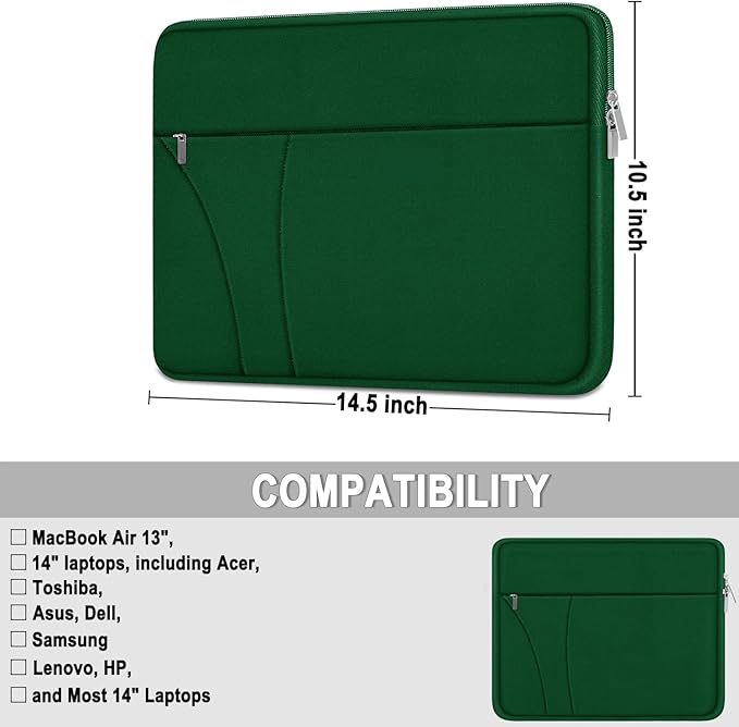 14 inch Laptop Sleeve, Traveling Laptop Case with Zippered Pocket, Shockproof Protective Carrying Briefcase Computer Bag for 14" MacBook Air/Pro, HP, Dell, Lenovo, Acer, Dark Green