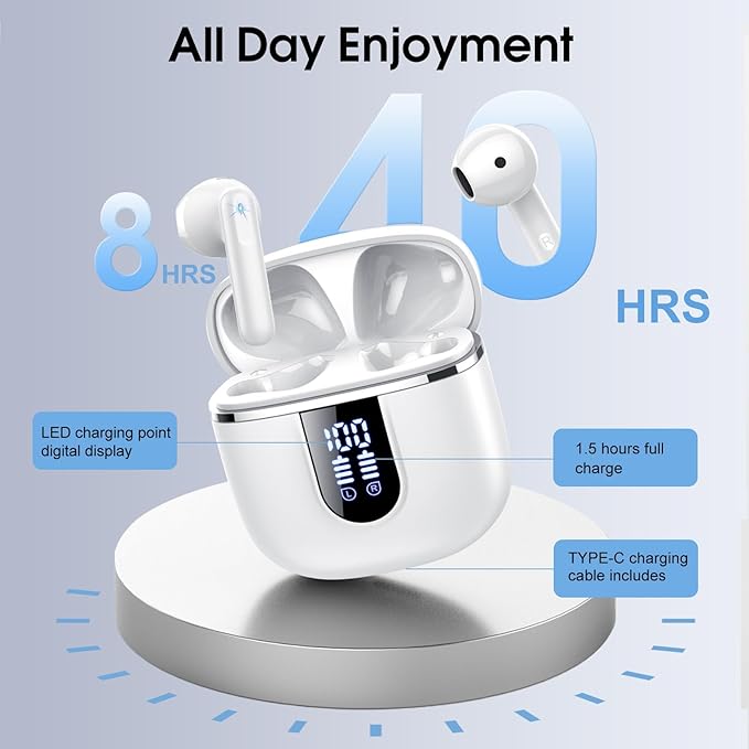Wireless Earbuds, Bluetooth 5.4 Headphones with 3D Bass Stereo, 40H In-Ear Buds with 4 ENC Noise Cancelling Mic, Ultralight Bluetooth Earbuds USB-C LED, IP7 Waterproof Earphones for Android iOS, White