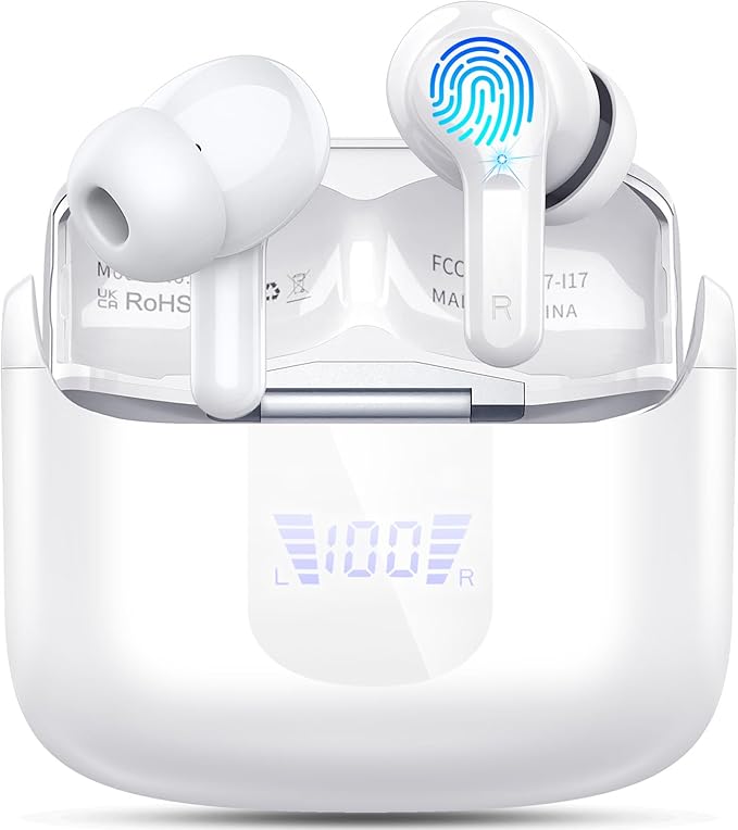 Wireless Earbuds, Bluetooth 5.3 Headphones 2025 NEW Ear Buds 40H Bass Stereo in-Ear Earphones ENC Noise Cancelling Earbuds with 4 HD Mic, USB-C LED Display IP7 Waterproof Sport Headset for Android iOS