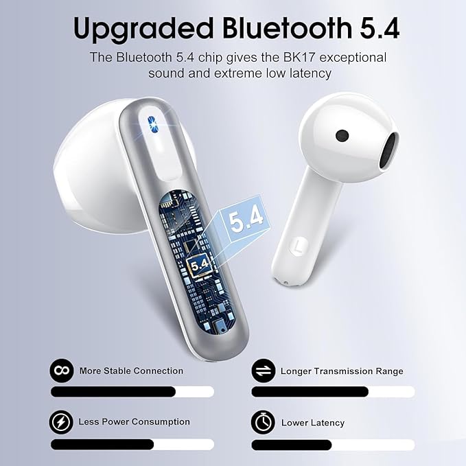 Wireless Earbuds, Bluetooth 5.4 Headphones with 3D Bass Stereo, Bluetooth Earbuds with 4 ENC Noise Cancelling Mic, 40H Ultralight In-Ear Buds USB-C, IP7 Waterproof Earphones for Android iOS, Silver