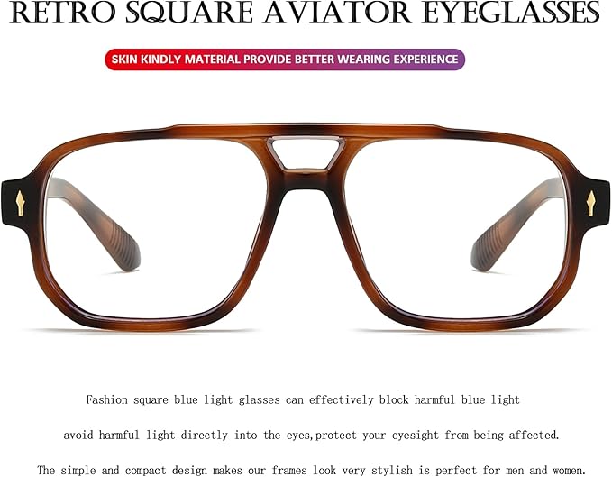 PORADAY Blue Light Blocking Glasses for Women Men 70s Retro Square Aviator Eyeglasses Rectangle Computer Eyewear
