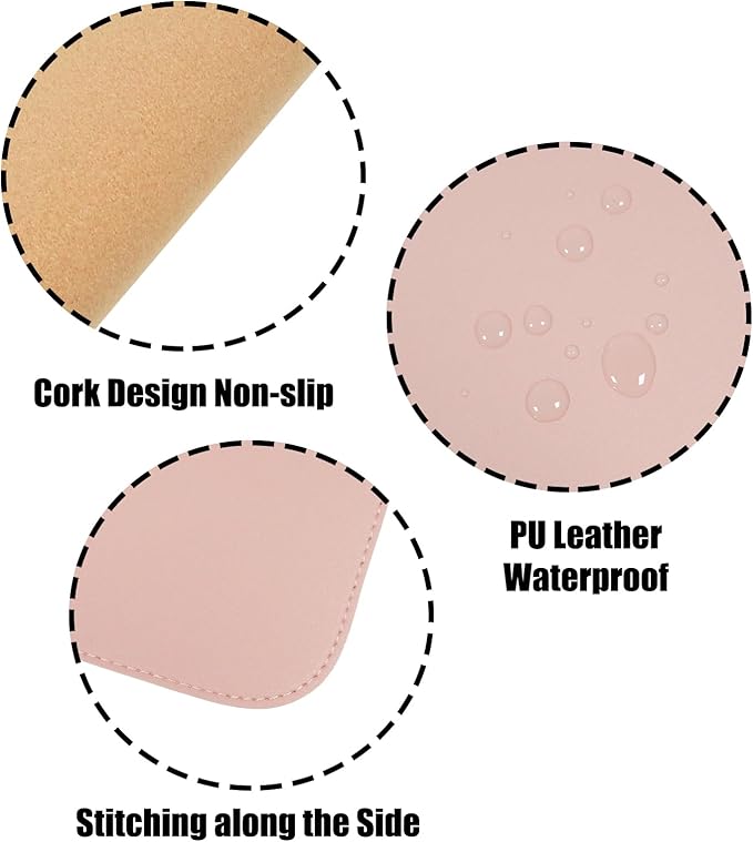 Double-Sided Keyboard Mouse Pad, 31.5"x15.7" PU Leather and Cork Desk Mat Large Overlocked-Edge Desk Pad with Matching Thread, Pink