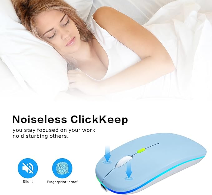 Wireless Bluetooth Mouse Rechargeable Laptop Mice with LED Use Portable(BT5.2 and USB 2.4G) Dual Mode Connection Silent Slim Computer Mouse for Laptop/iPad Tablet/Apple MacBook/PC(Blue)