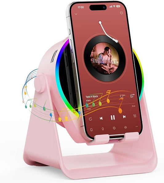 TARKARI Wireless Induction Speaker, 5 in 1 Bluetooth Speaker with 360 Rotation Cell Phone Stand and Colorful Ambient Light, Compatible with iPhone iPad Android Tablet, Birthday Gifts for Women Men
