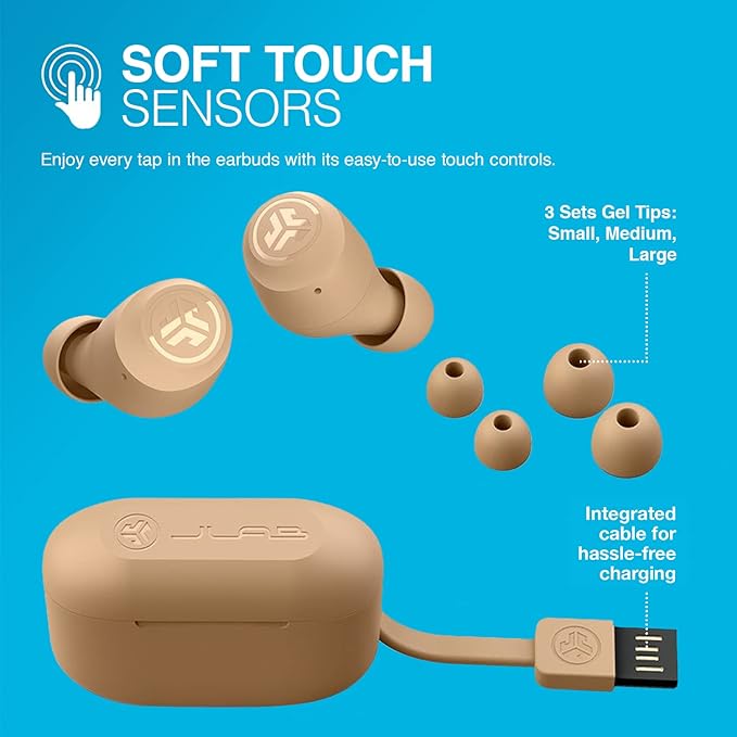 JLab Go Air Tones True Wireless Earbuds Designed with Auto On and Connect, Touch Controls, 32+ Hours Bluetooth Playtime, EQ3 Sound, and Dual Connect, Natural Earthtone Color (728 N)
