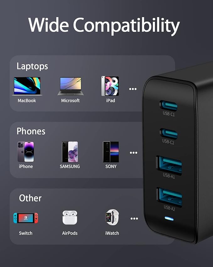 100W USB C Charger, 4 Port GaN Fast Charger Block Foldable Type C Charging Block Fast Charging Block Compatible with MacBook Pro/Air, iPhone 15/14/13/Mini/Pro/Pro Max/Samsung Galaxy(Black)