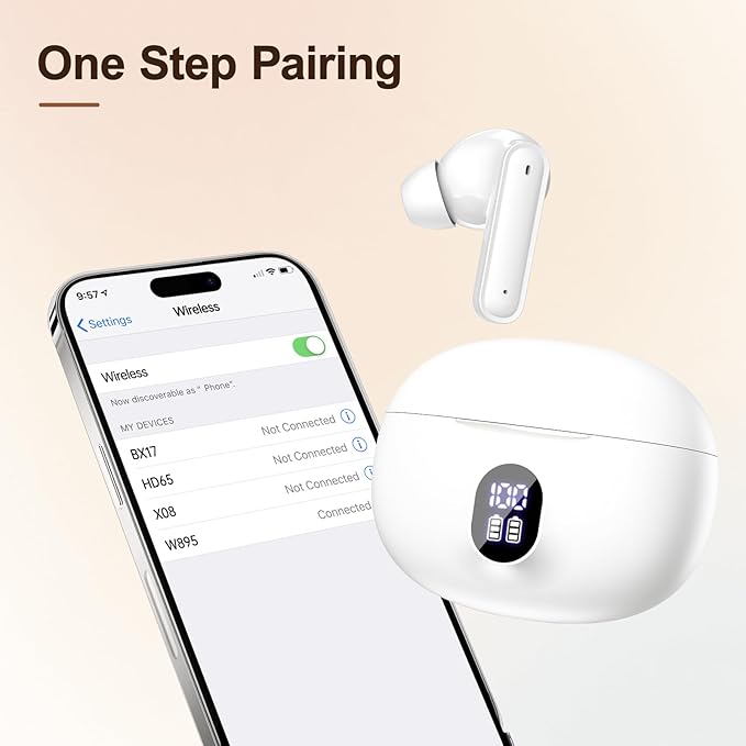 Wireless Earbuds, Bluetooth 5.4 Headphones Bass Stereo, Ear Buds with Battery LED Display in Ear Earphones Clear Calls, Bluetooth Earbuds for Laptop/Phones/Sports (White)