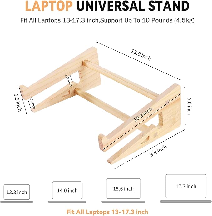 Wooden Laptop Stand for Desk, Vertical & Horizontal Wood Laptop Riser with Keyboard Storage, Compatible with MacBook Air Pro/Dell/HP/Lenovo 13-17 Inch Laptops