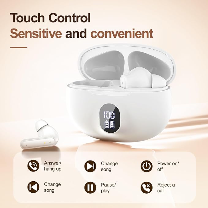 Wireless Earbuds, Bluetooth 5.4 Headphones Bass Stereo, Ear Buds with Battery LED Display in Ear Earphones Clear Calls, Bluetooth Earbuds for Laptop/Phones/Sports (White)