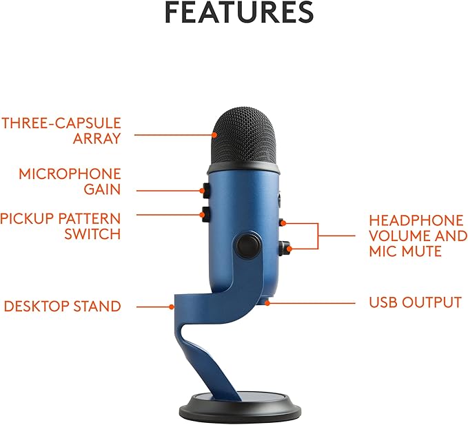 Logitech Creators Blue Yeti USB Microphone for PC, Mac, Gaming, Streaming, Podcasting, Studio and Computer Condenser Mic with Blue VO!CE Effects, 4 Pickup Patterns, Plug and Play - Midnight Blue
