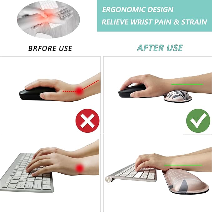 Keyboard Wrist Rest Mouse Wrist Support Set, Memory Foam Wrist Rest Pad for Computer Laptop Keyboard Mouse, Ergonomic Wrist Cushion Support for Typing Pain Relief, Gaming Home Office, Leaves Buff