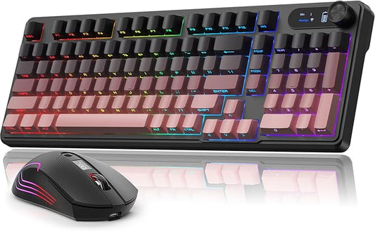 BlueFinger Wireless Gaming Keyboard and Mouse Combo, RGB Backlit, Tri-Mode Bluetooth/2.4G/USB-C Wired, 98 Keys Quiet Keyboard with Number Pad, Volume Knob & Screen, 4800 DPI Mouse for PC/Mac/Laptop