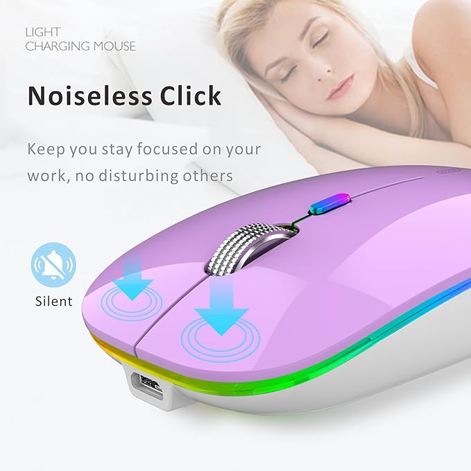 Uiosmuph LED Wireless Mouse, G12 Slim Rechargeable Silent Mouse, 2.4G Portable USB Optical Wireless Computer Mice with USB Receiver and Type C Adapter (Purple)