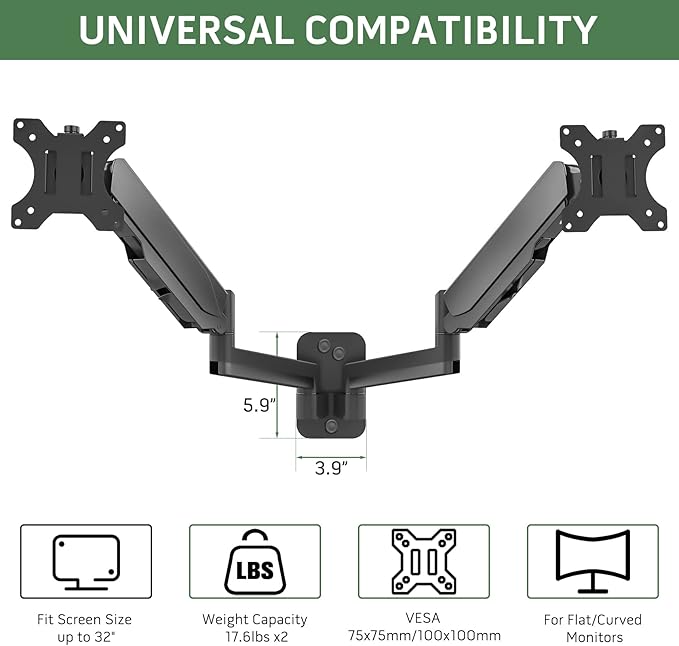 UPGRAVITY Dual Monitor Wall Mount, Double Monitor Wall Stand for Two 17-32 inch Flat Computer Screens, Height Adjustable Gas Spring Mounted Bracket Arms Hold up to 17.6lbs, VESA 75/100
