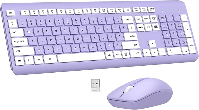 Wireless Keyboard and Mouse Combo, Full-Size Silent Ergonomic Keyboard and Optical Mouse, Long Battery Life, 2.4G Lag-Free Mice Keyboard for Computer, Mac, Laptop, PC, Windows(Purple)