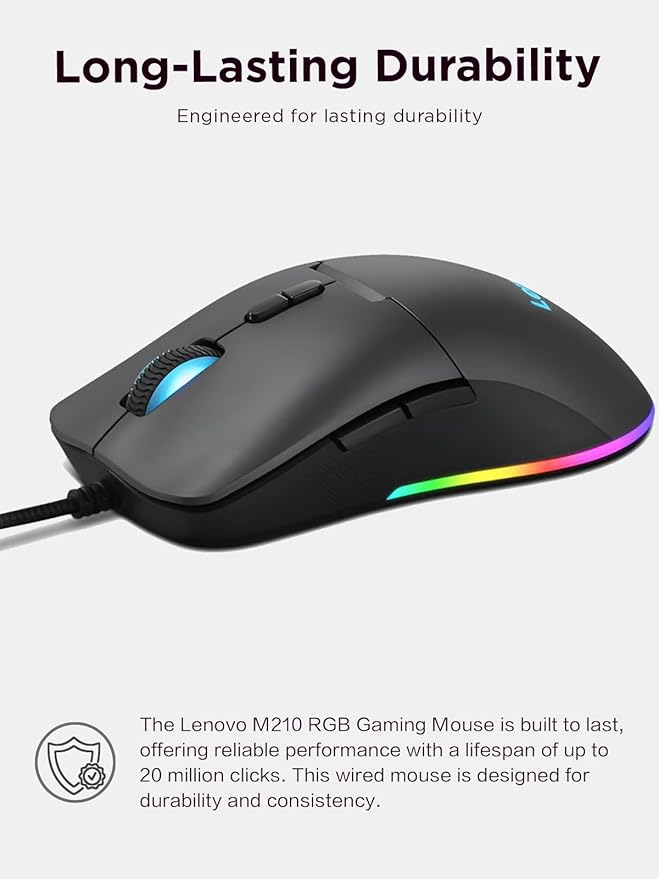 Lenovo M210 RGB Wired Gaming Mouse for PC, Laptop, Computer with Windows & Chrome OS - 3 Zone RGB, 8000 DPI Adjustable Sensor, 7 Programmable Buttons ?€? Palm Grip Mouse for Gamers (Black)