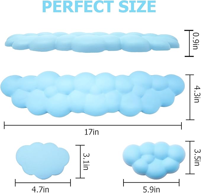 Cloud Wrist Rest Keyboard, PU Leather Memory Foam Wrist Support for Computer Keyboard, Ergonomic Keyboard Pad and Cute Mouse Wrist Pad for Gaming, Office, Computer, Easy Typing Pain Relief, Sky Blue