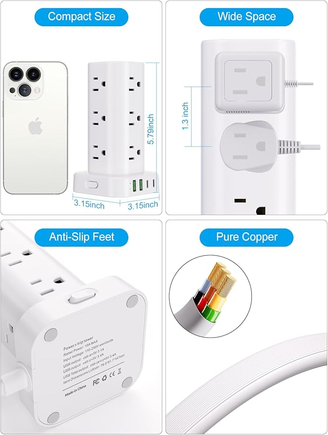 Power Strip with Wireless Charger, Flat Plug Surge Protector with 10FT Extension Cord, 12 AC Multiple Outlets, 4 USB (2 USB C), 15W Wireless Charging Power Tower for Home Office Dorm, White