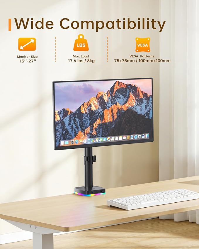 Afaloona RGB Single Monitor Desk Mount, Monitor Arm with 3 USB Ports, Charging and USB Data Transfer Function, Desk Mount for 13"-27" Monitors up to 17.6lbs, Adjustable Height, Tilt, Swivel, Rotate