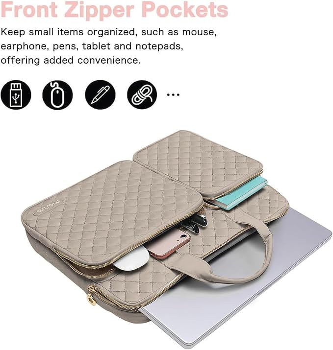 MOSISO 360 Protective Laptop Case 13.3 inch, 13-13.3 inch Laptop Sleeve Compatible with MacBook Air/Pro 13/Pro 14,HP Dell ASUS Lenovo, Square Quilted Bag Cover with 2 Pockets&Handle&Belt, Taupe Brown