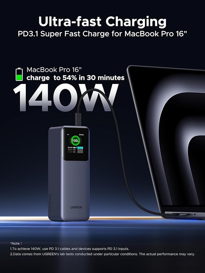 UGREEN Nexode Power Bank 25000mAh 200W Laptop Portable Charger PD 3.1 Fast Charging 90Wh 3-Port Battery Pack with TFT Smart Display for MacBook Pro/Air/ipad/iPhone 17/16/Samsung S26/Dell/HP and More