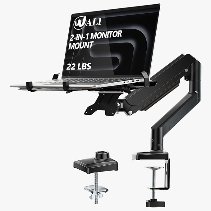 WALI Laptop Desk Mount, Single Monitor Arm with Laptop Holder, Adjustable Height Laptop Arm Mount for Desk, Fits 17” Notebook and 34” Monitors, Up to 22-26.4Lbs (GSMP001LPN), Black