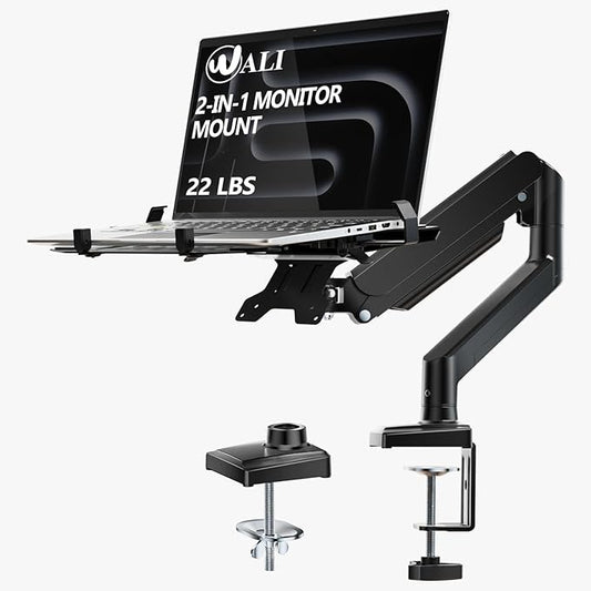 WALI Laptop Desk Mount, Single Monitor Arm with Laptop Holder, Adjustable Height Laptop Arm Mount for Desk, Fits 17” Notebook and 34” Monitors, Up to 22-26.4Lbs (GSMP001LPN), Black