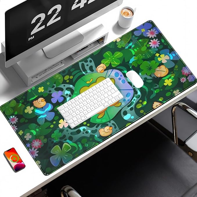 Cute Frog Desk Decor Mouse Pad Funny Desk Mat Frog Decor Desk Pad, Kawaii Green Desk Mat for Keyboard and Mouse, Gaming Mouse Pad for Computer Keyboard Laptop with Stitched Eges Pad 31.5"X15.7"