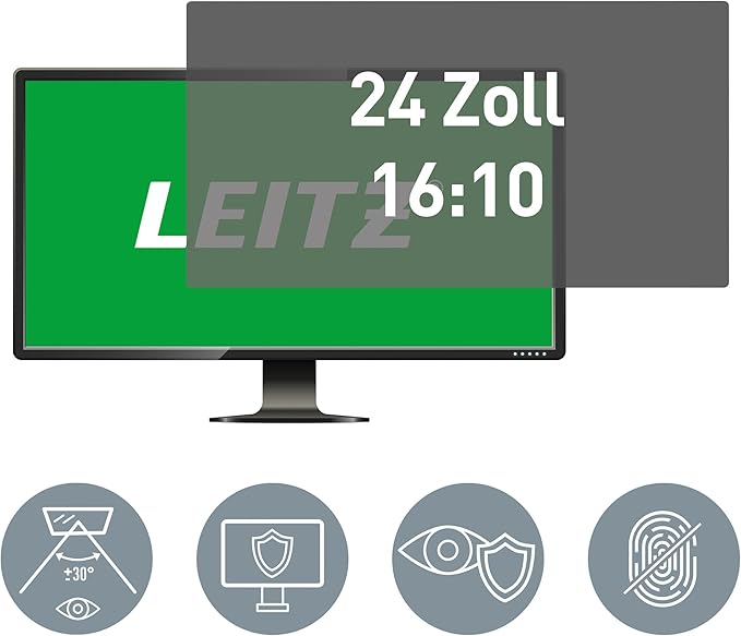 Leitz Monitor Privacy Filter 24 Inch (16:10), Removable Protective Film, with Blue Light Filter and Anti-Glare Protection, Can be Used on Both Sides, Touchscreen Compatible, Made in Germany, 69030000