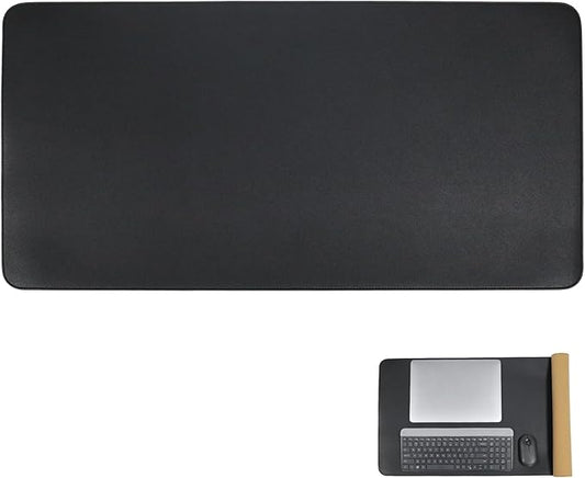 Double-Sided Keyboard Mouse Pad, 31.5"x15.7" PU Leather and Cork Desk Mat Large Overlocked-Edge Desk Pad with Matching Thread, Black