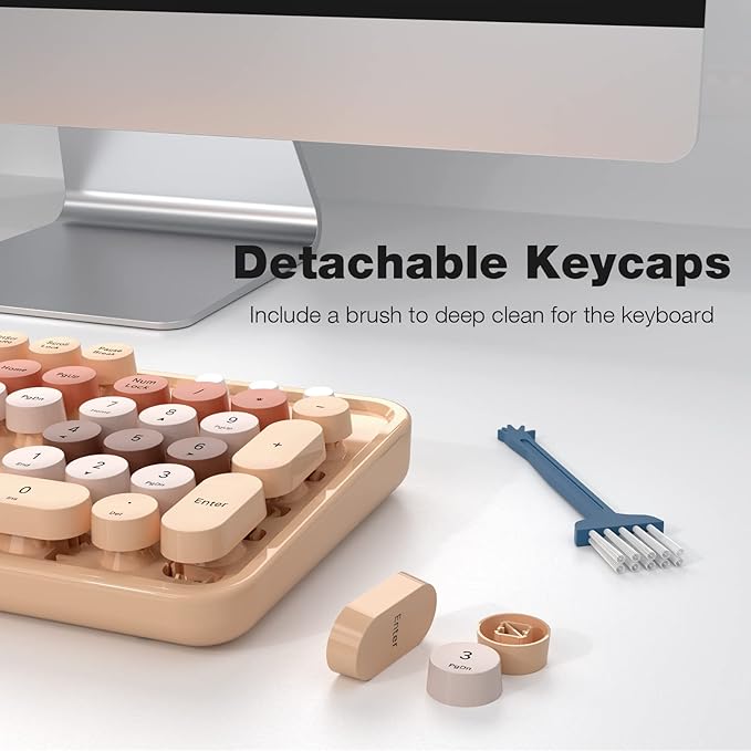 Wireless Keyboard and Mouse, 2.4Ghz USB Retro Full Size Typewriter Keyboard and Sport Car Mouse Combo for Mac, Windows 7/8/10, Laptop, Desktop, PC, Computer (Milk Tea Colorful)