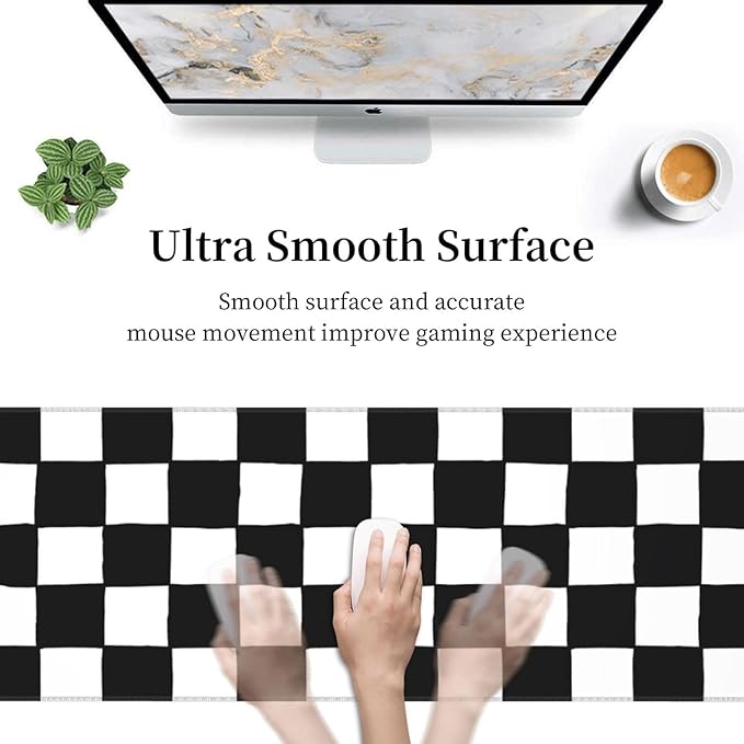 Checkered Black White Gaming Mouse Pad Desk Mat for Home and Office, Large Mousepad Extended Keyboard Pad Stitched Edge Accessories Decor
