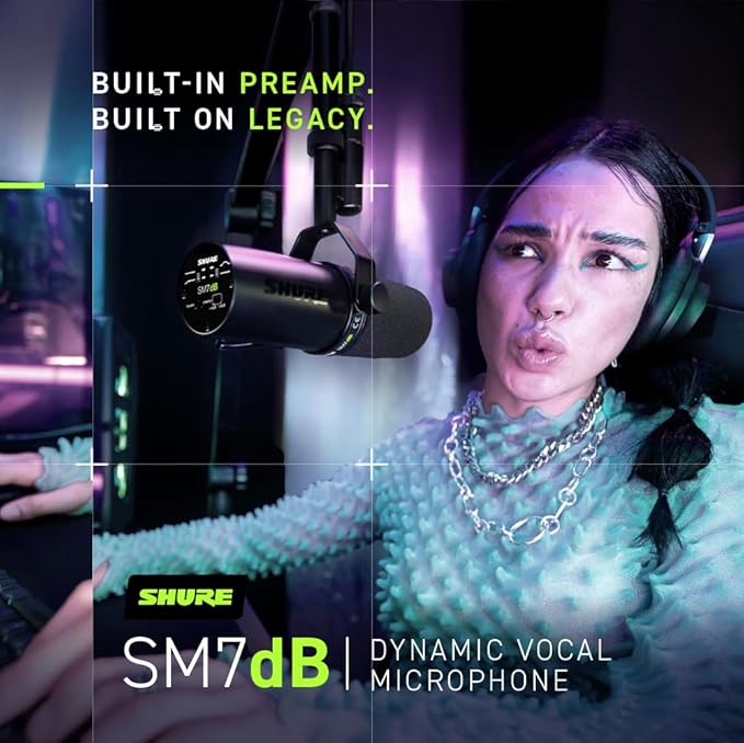 Shure SM7dB Dynamic Vocal Microphone with Built-in Preamp – Studio Mic for Streaming, Podcasting, and Recording – Smooth Sound, Wide Frequency Range, Rugged Build, Windscreen Included, XLR, Black