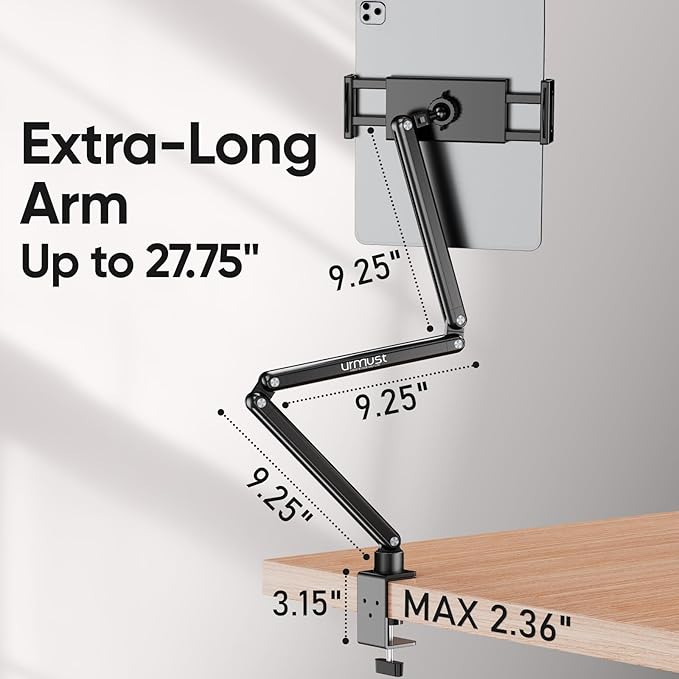 Urmust Tablet Stand for Desk, Adjustable iPad Holder for Bed, 360° Rotation, Sturdy Aluminum Tablet Arm Mount for 4.7"-15.6" iPad Pro/Air/Mini, iPhone, Galaxy Tab, for Kitchen, Work, Video Call