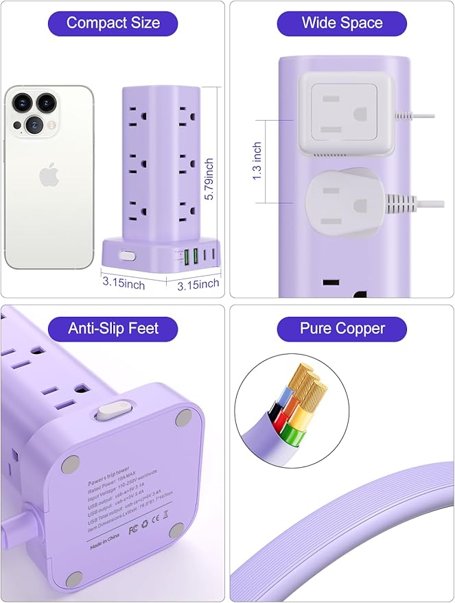 Power Strip Tower with Multiple Outlets, Flat Plug Surge Protector Tower Extension Cord with 12 AC Outlets 4 USB Ports (2 USB C), 6FT Cord Power Tower Surge Protector for Home Office Dorm Room, Purple