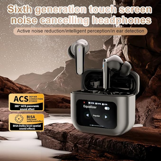 Q30 Bluetooth earphones, equipped with an intelligent color touch screen, supporting ANC and ENC active noise reduction functions, wireless audio earbuds for better sound quality and comfort (silver)