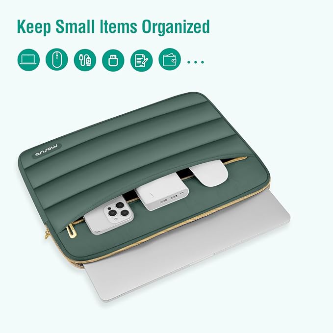MOSISO Laptop Case 13.3 inch,13-13.3 inch Puffy Laptop Sleeve Compatible with MacBook Air 13.6 M5 M4 M3 M2 M1/Neo/Pro 13/14,HP Dell ASUS Lenovo,Polyester Horizontal Bag with Small Case,Emerald Green