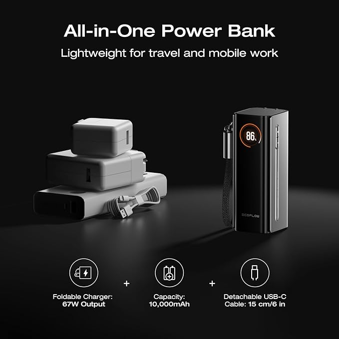 EF ECOFLOW RAPID Pro Power Bank with 65W Wall Plug, 10,000mAh 3-in-1 Portable Charger with Built-in USB-C Cable, 45W Fast Recharging, Travel Essentials for iPhone 17/16 Series, Galaxy, Laptops, and More
