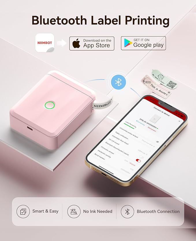 NIIMBOT Label Maker Machine Bluetooth Label Printer for School Home Office Organization, Wireless Mini Labeler D110 Upgraded Version, Label Machine with 1 Label Tape, Pink