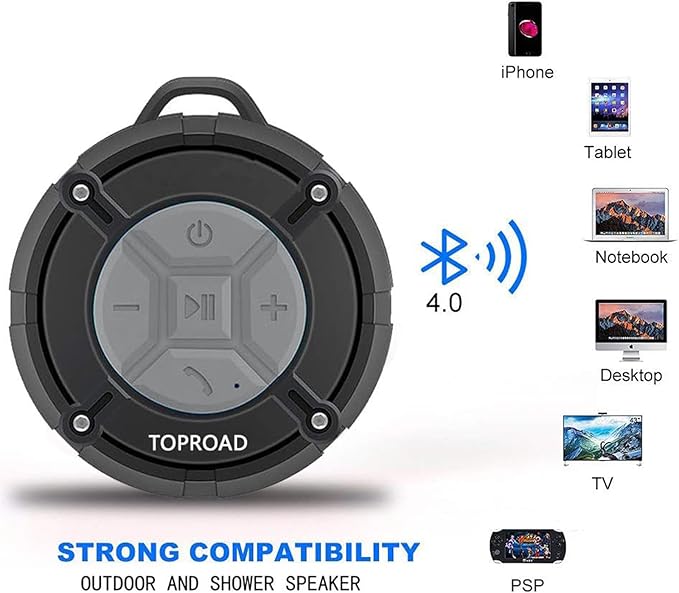 TOPROAD Portable Shower Speaker, IPX7 Waterproof Wireless Outdoor Speaker with HD Sound, 2 Suction Cups, Built-in Mic, Hands-Free Speakerphone for Bathroom, Pool, Beach, Hiking, Bicycle(Grey)
