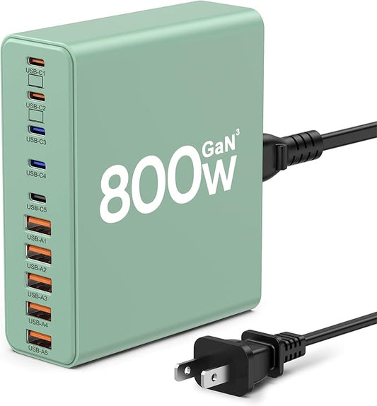 800W USB C Charger Block,10-Port Charging Station GaN Fast Charging Type C & USB A Wall Charger Adapter for MacBook Pro/Air,iPhone,iPad,Dell XPS,Samsung Galaxy(Green)